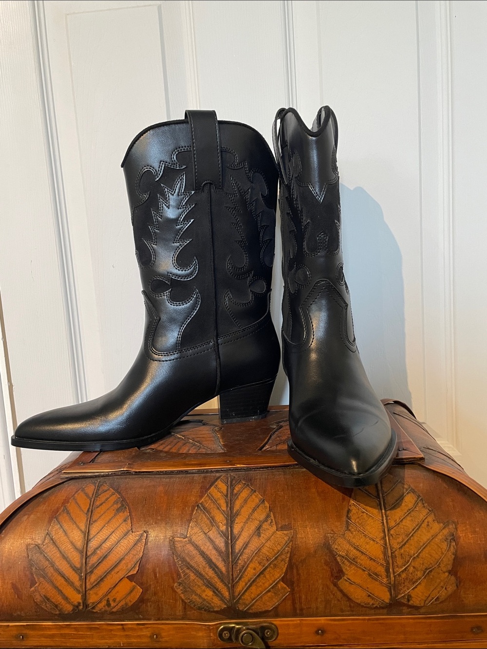 Zara Black Leather Western Ankle Boots